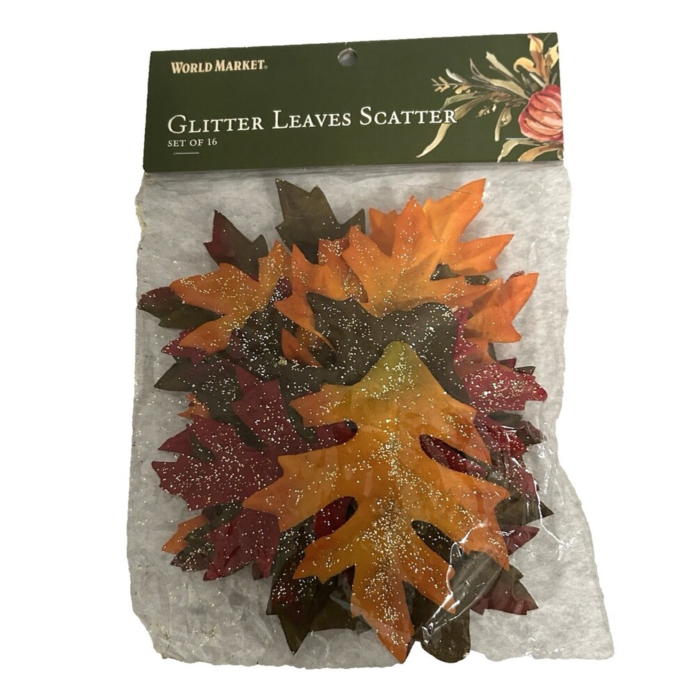 World Market Glitter Leaves Scatter 16 Piece Fall Red Brown Yellow Orange Decor